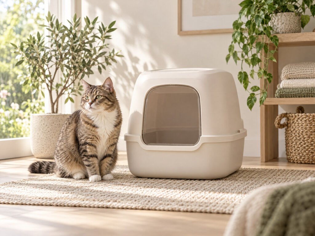 A tabby cat beside a clean warm-ivory litter box in a bright, neutral home.