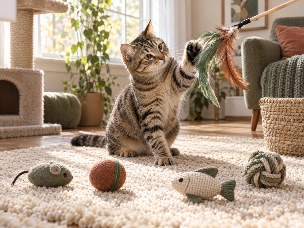 Cat playing with a feather wand; cat-toy category illustration.