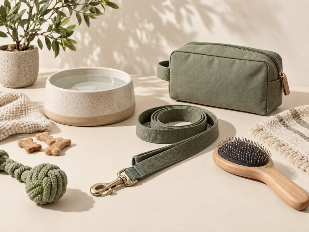 Selection of everyday pet accessories; category illustration.