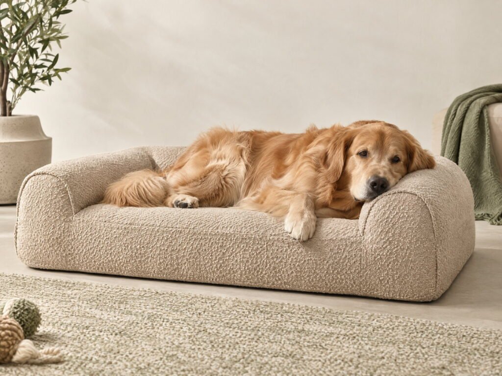 Dog resting on a pet bed; pet-bed category illustration.