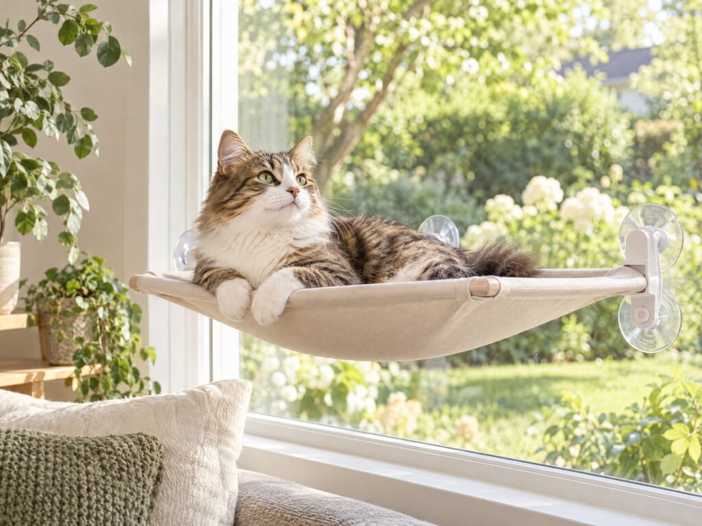 Cat relaxing in a window hammock; category illustration.