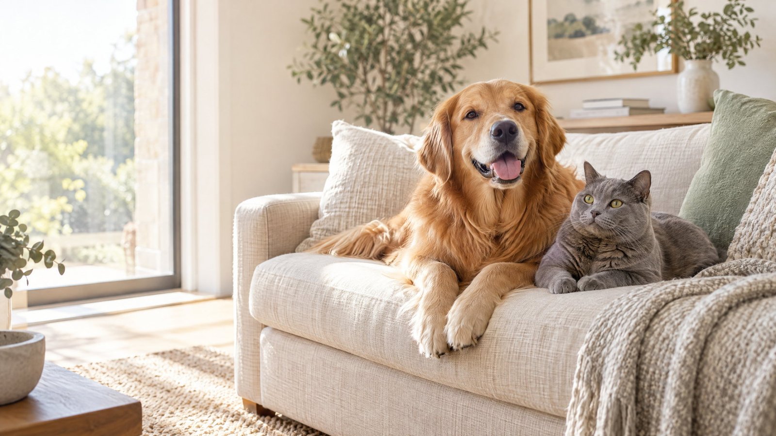 Dog and cat relaxing together in a bright home; lifestyle illustration.