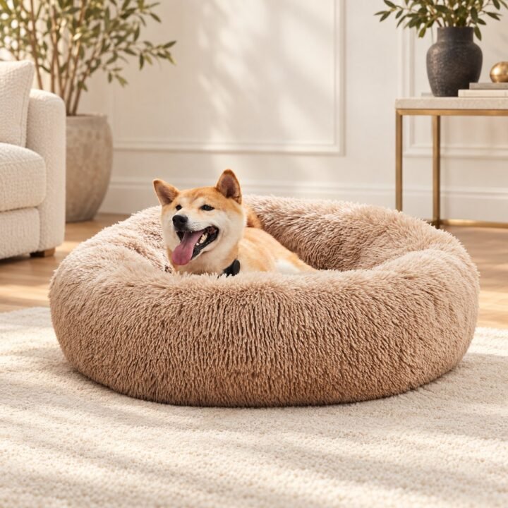 JHK calming round dog bed in warm Tea Brown faux fur with a relaxed dog, styled in a cream-toned living room